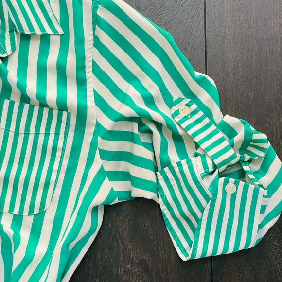 Ellen Tracy Striped White and Green Oversized Button Down Shirt - Picture 5 of 11